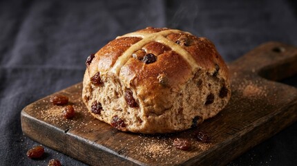Delicious hot cross bun with raisins on a dark background, traditional baked pastry close up with rich texture and warm bakery appeal, moody lighting, realistic food detail, no logos