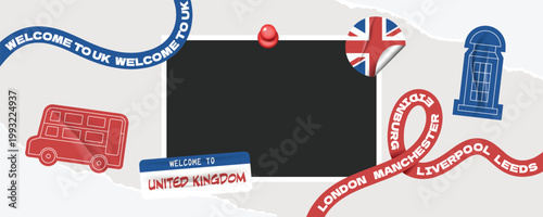 Welcome to Unite Kingdom UK travel frame collage photos with scrapbook torn paper style.