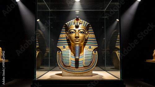 Golden Egyptian pharaoh mask in display case