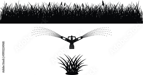 Black silhouette vector set of lawn grass border automatic water sprinkler system and garden irrigation equipment elements,