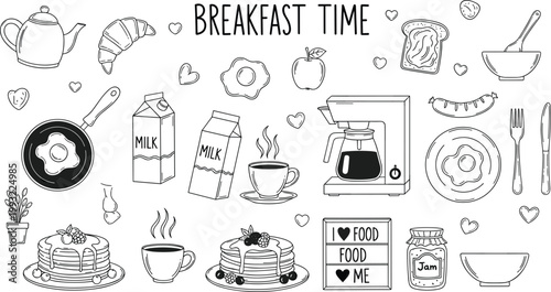 Breakfast Time Hand Drawn Doodle Icon Set Featuring Pancakes Coffee Maker Eggs Milk And Various Morning Food Elements