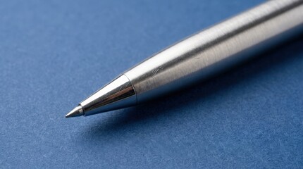 Close up metallic pen with sharp pointed tip on blue background, professional writing instrument detail, sleek stationery concept, clean studio lighting, no logos