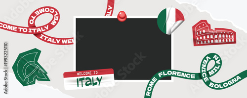 Welcome to Italy travel frame collage photos with scrapbook torn paper style.