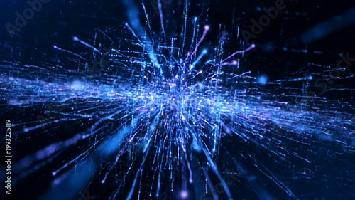 Abstract digital network stream of glowing blue data particles moving through cyberspace.