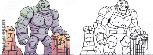 Mighty Cartoon Stone Golem Guardian with Ancient Pillars Coloring Page
