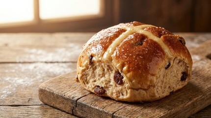 Fresh hot cross bun with raisins and a glossy finish, classic baked Easter treat with golden crust and sweet texture, appetizing close up, warm bakery lighting, no logos