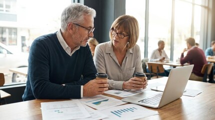 Mature business colleagues reviewing documents in a cafe, focused teamwork and strategy concept, professional discussion over coffee, modern casual setting, realistic business photography, no logos