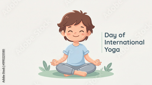 International yoga day illustration of child meditating in lotus pose with calm expression for wellness awareness mindfulness education and relaxation concept