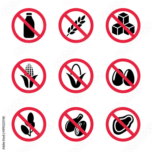 Set allergen free icons set. Allergen free products. Products warning symbols. 