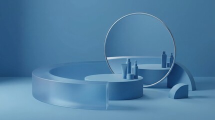 Minimal blue stage with circular mirror, clean presentation podium for product showcase or cosmetic display, elegant geometric set design, soft studio lighting, refined modern aesthetic, no logos