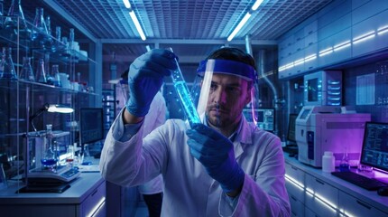 Scientist in gloves holding blue test tube with glowing particles, advanced laboratory research and innovation concept, clean biotech environment, dramatic cool light, realistic detail, no logos