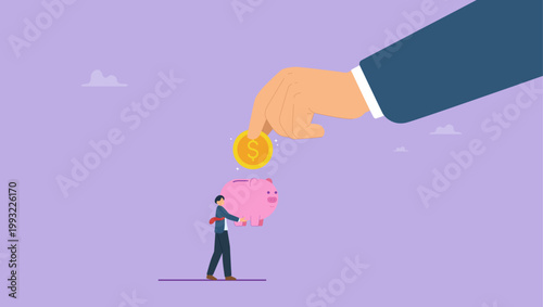 Big hand putting coin into a piggy bank. Incoming and saving money concept.