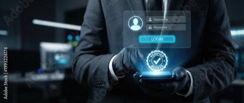 Cybersecurity login action digital workspace visual data representation high-tech environment close-up viewpoint identity verification concept for enhanced online security