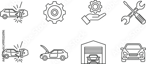 Car Repair and Maintenance Line Icon Set Featuring Auto Service Tools, Garage Elements, Vehicle Damage, and Mechanical Support Symbols Collection