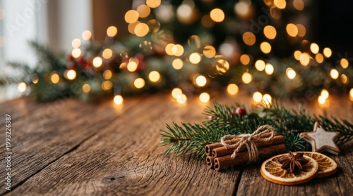 Warm Christmas light bokeh spread across natural wood surface, premium stock image, clean marketable composition, refined details, soft natural lighting, realistic textures, balanced depth, polished