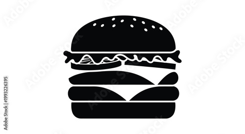 A delicious black silhouette of a stacked cheeseburger with all the fixings silhouette