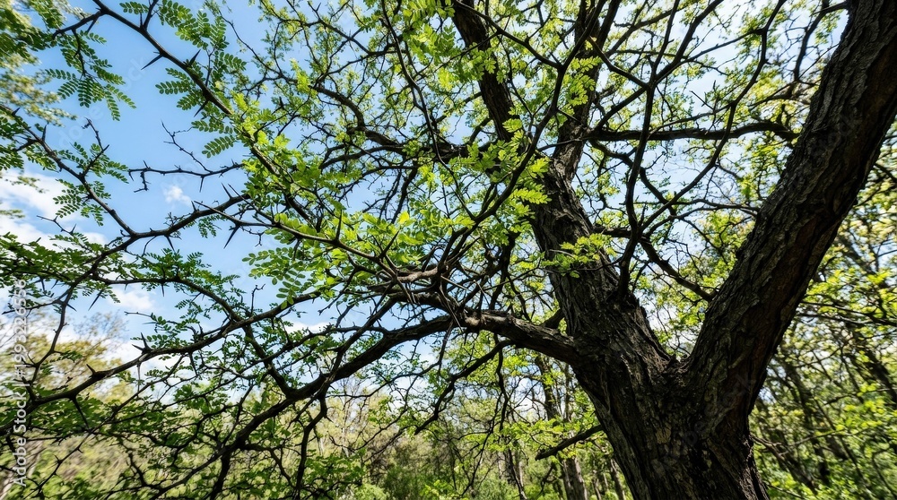 Fototapeta premium Looking up at a spiky honey locust tree on a bright day, dramatic botanical perspective for nature, environmental awareness and seasonal outdoor themes, branching silhouette and fresh leaves against