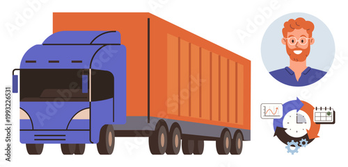 Logistics, transportation, supply chain, delivery services, time management, scheduling tools. A semi truck, manager portrait charts and clock icons. Logistics and supply chain concept