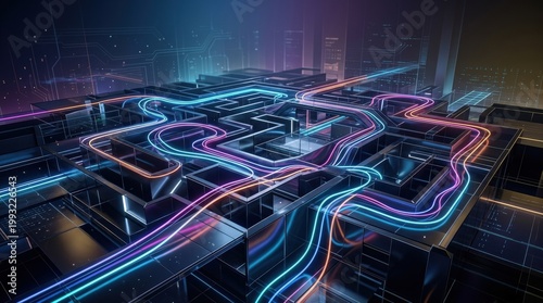 Abstract geometric maze with flowing neon lines threading through a structured labyrinth, futuristic digital depth, sleek modern tech backdrop, soft gradient light, polished surfaces, refined