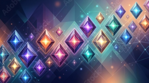 Diamond shapes with colorful glowing centers arranged in a smooth modern pattern, abstract geometric background with vibrant depth, soft gradient light, polished surfaces, refined contrast, premium