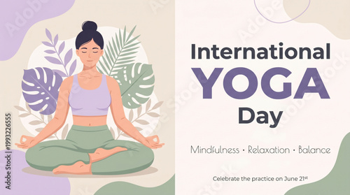 International yoga day illustration with woman meditating in lotus pose surrounded by leaves for wellness mindfulness balance concept and health campaign design
