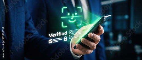 Facial recognition technology implementation business environment mobile device interaction urban office setting digital security concept