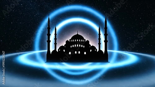 Abstract Islamic Mosque Silhouette with Glowing Blue Rings in Dark Space.