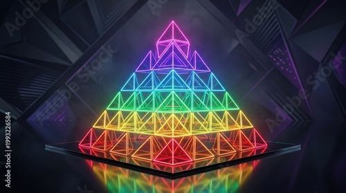 Layered neon triangles in rainbow colors forming a glowing pyramid over a reflective base, abstract geometric background with strong depth, soft gradient light, polished surfaces, refined contrast,