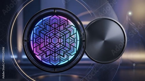 Black round geometric silhouette lit from behind by changing neon colors, blank circular frame with copy space, calming futuristic backdrop, soft gradient light, polished surfaces, refined contrast,