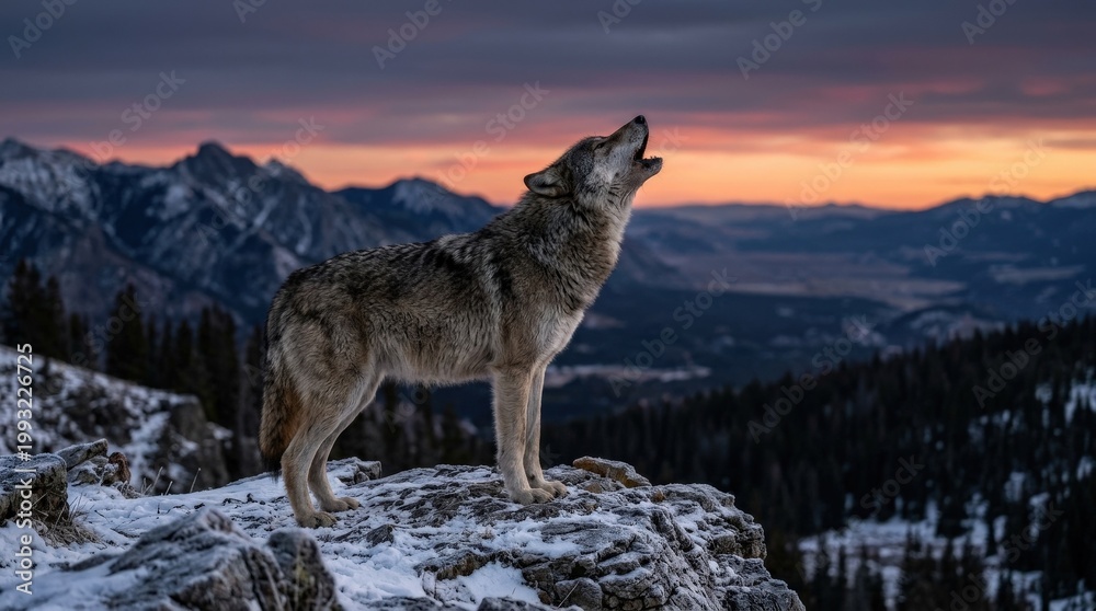 Fototapeta premium solitary wolf making howling sound after sunset, expressive animal scene, natural character, balanced composition, soft daylight, realistic texture, crisp focus, premium wildlife photography, refined