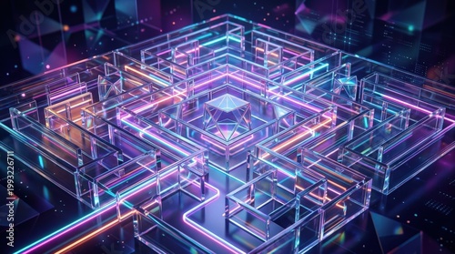 Complex geometric maze of translucent glass refracting bright neon light, abstract digital background with luxurious optical depth and structure, soft studio light, polished surfaces, refined