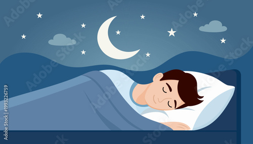 Peaceful man sleeping under moon and stars in calm night scene. rest and relaxation