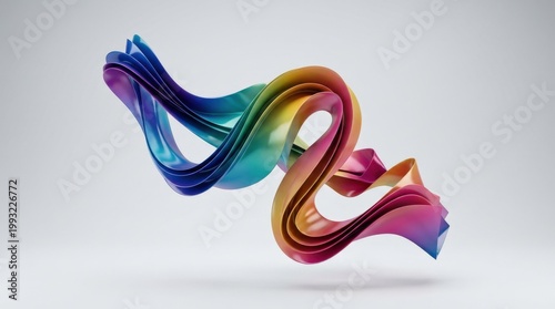 Abstract multicolored dynamic shape isolated on a neutral background, folded gradient ribbon form with sleek motion and modern design appeal, soft studio light, polished surfaces, refined contrast,