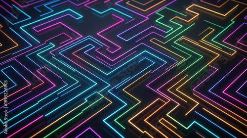 Abstract background of a colorful neon maze, modern flat labyrinth wallpaper with multicolored gradient geometric stripes and digital depth, soft gradient light, polished surfaces, refined contrast,