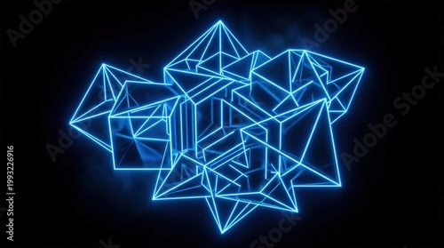 Sharp geometric shapes glowing in bright blue neon against a black background, vivid futuristic contrast with clean angular structure and depth, soft gradient light, polished surfaces, refined