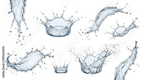 Set of pure water splashes isolated on a white background, clean liquid shapes with crisp transparency-free presentation, fresh dynamic motion, soft studio light, polished surfaces, refined contrast,