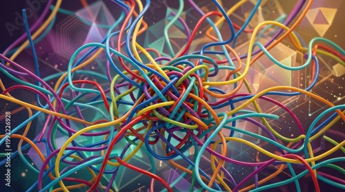 Volumetric maze macro built from multicolored tangled tubes, abstract geometric background with rich luminous depth and complex motion-inspired structure, soft gradient light, polished surfaces,