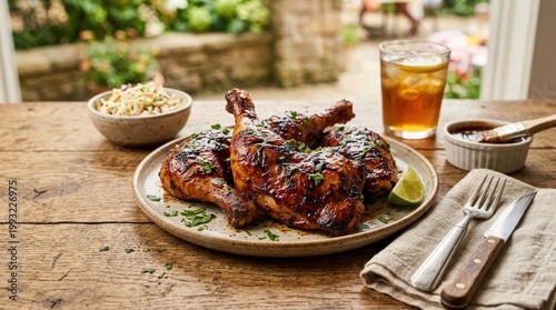 Barbecue chicken leg quarters glazed with sauce on a rustic wooden table, hearty grilled food concept for restaurant, catering and summer menu themes, caramelized skin with savory shine and appetizing