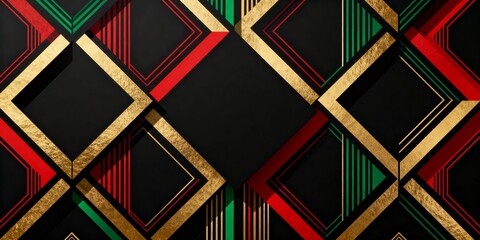 Abstract geometric background for Black History Month. Pan-African colors pattern with red green and gold metallic textures. Modern cultural heritage design for Juneteenth celebration