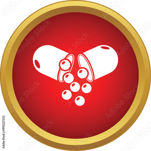 White capsule opening and releasing small granular medication elements within a red circle icon