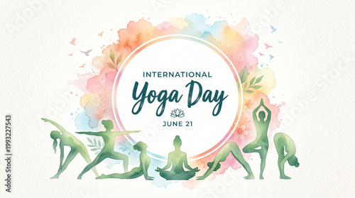 Colorful watercolor yoga poses illustration with circular frame composition for banner design and mindfulness concept on international yoga day celebration
