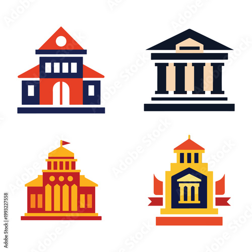 Colorful flat design government buildings icons set including courthouse and city hall  various architectural styles and colors