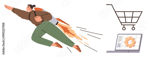E-commerce, online shopping, business growth, digital marketing, customer experience, efficiency. Person flying with a jetpack toward a laptop and shopping cart. E-commerce and business growth