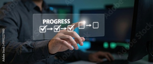 Digital progress tracking in a modern office environment business productivity enhancement interactive user interface close-up view technology concept