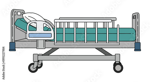 A simple flat illustration of a modern hospital bed with adjustable features and wheels