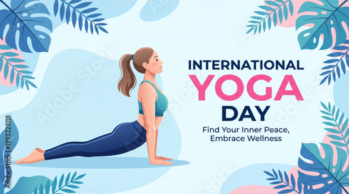 Yoga pose woman stretching in upward position with tropical leaves background for fitness wellness lifestyle banner design celebrating international yoga day