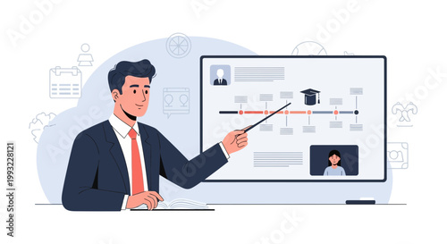 Male teacher presenting online course on screen with graduation cap and timeline