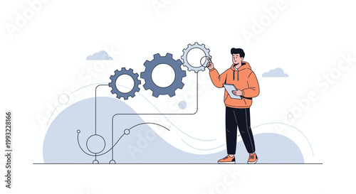 Man Adjusting Gears, Business Process, Teamwork, Strategy, Planning, Workflow
