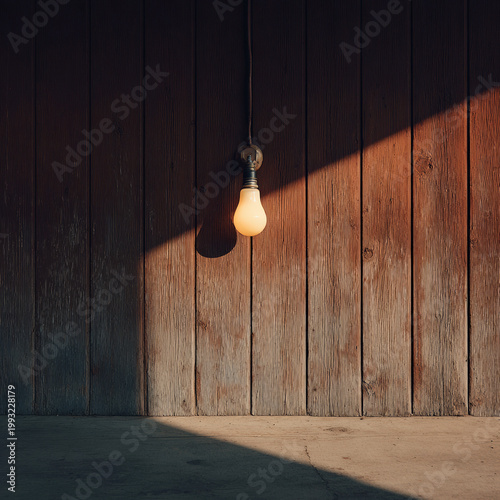 solitary light bulb illuminates darkness against backdrop of ancient wooden wall