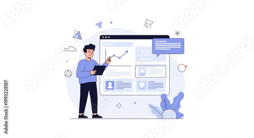 Man analyzing data on a digital dashboard with charts and graphs, business analytics concept